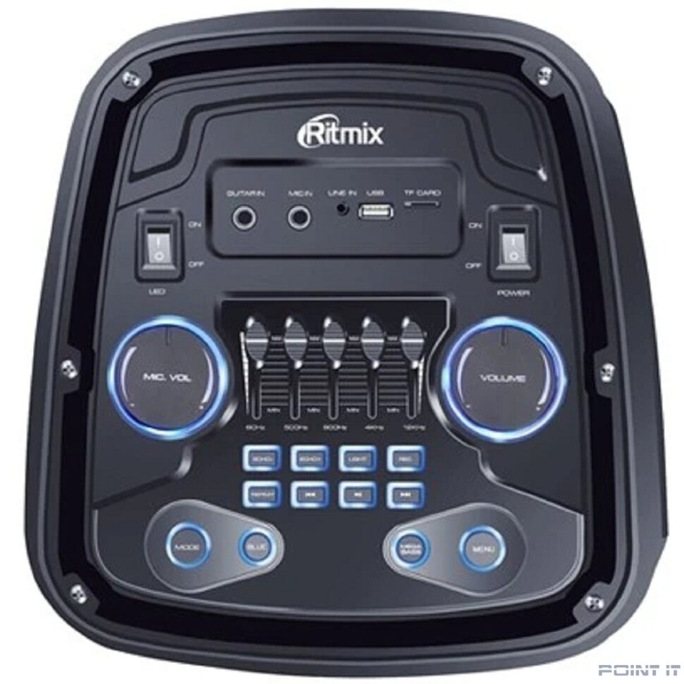 RITMIX SP-935B black {Bluetooth, 30 Гц -18 КГц, FM-радио, RGB-подсветка, AUX, USB, microSD (до 32 Гб, MP3), дисплей: LED, до 6 часов работы, 2 микрофонных входа под Джек 6,3мм}