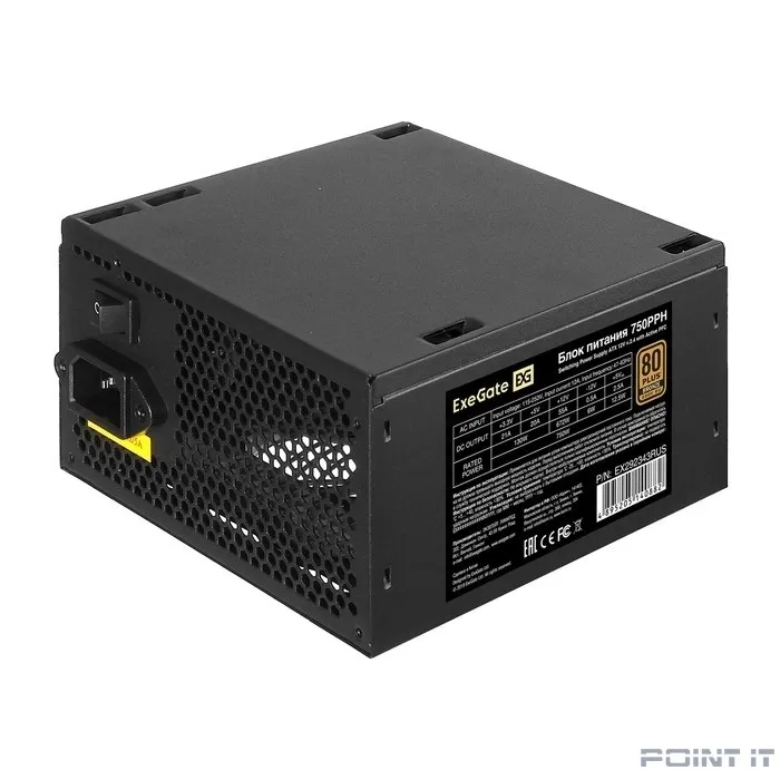 Exegate EX292343RUS-OEM Блок питания 750W ExeGate 80 PLUS® Bronze 750PPH-OEM (ATX, APFC, КПД 89% (80 PLUS Bronze), 12cm fan, 24pin, 2x(4+4)pin, 4xPCI-E, 6xSATA, 3xIDE, black, RTL)