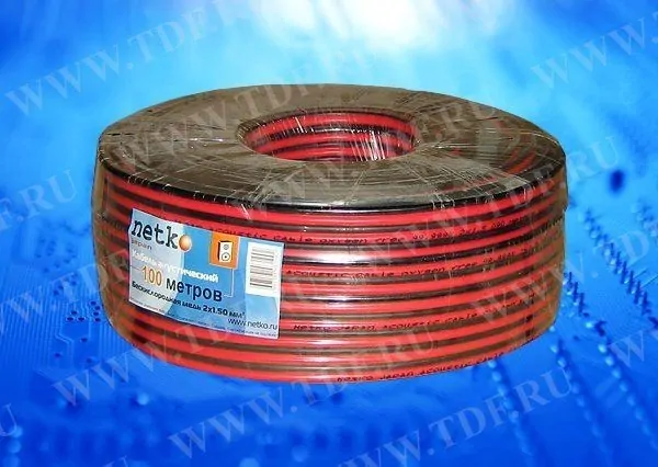Кабель акустический NETKO 2*1.0мм2 (88*0.12мм) BC, 100м, пластиковая катушка, черный/красный