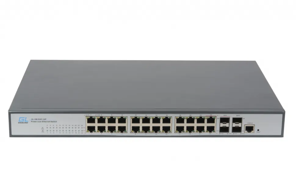 Коммутатор GIGALINK, управляемый L2, 24 PoE (802.3af/at) портов 10/100/1000Мб/с, 4 SFP, 400Вт