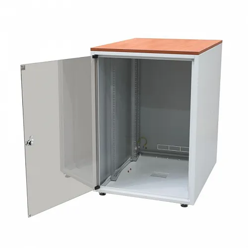 Шкаф напольный серии SJB, 19-дюймовый (19), 12U, 604x600х400мм (ВхШхГ), стекл. дверь, цвет серый (RAL 7035), столешница Calvados, нагрузка 30 кг (соб