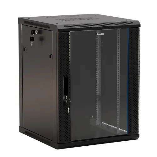 Шкаф настенный 19-дюймовый (19), 18U, 908x600х450мм, стеклянная дверь с перфорацией по бокам, ручка с замком, цвет черный (RAL 9004) (разобранный)