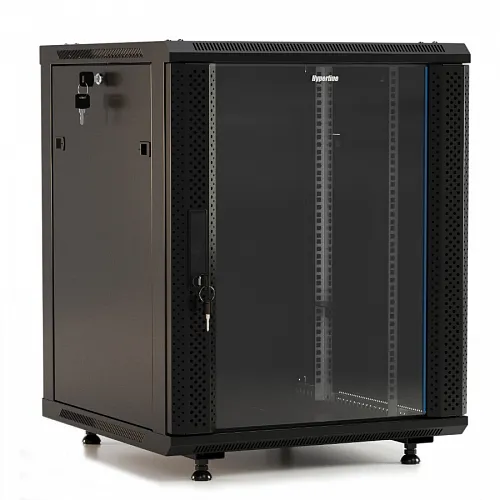 Шкаф настенный 19-дюймовый (19), 15U, 775x600х450мм, стеклянная дверь с перф по бокам, ручка с замком, с возможностью установки на ножки,9004,разобр