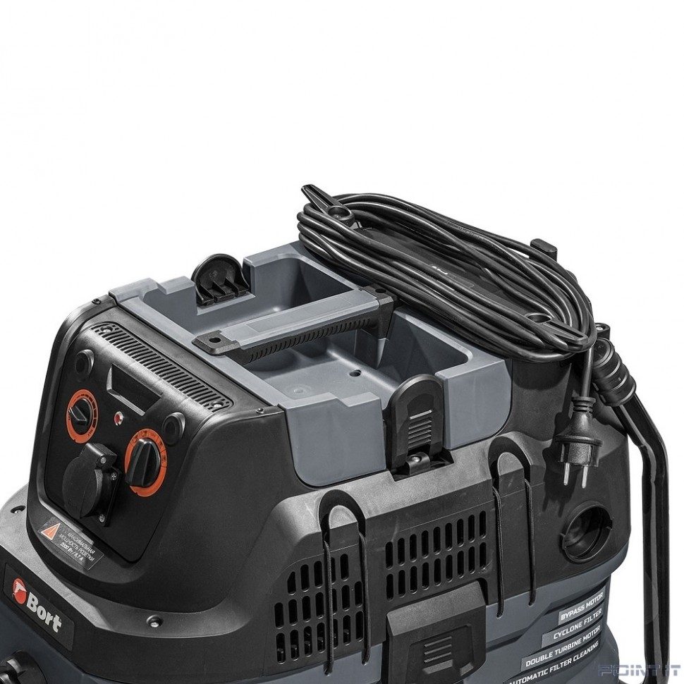 Bort BAX-600E Пылесос строительный [93418149] { Мощность всасывания 320 Вт, вместимость 40 л, Ур. шума 78 дБ, шланга 3 м, 16 кг, набор аксессуаров 8 шт }