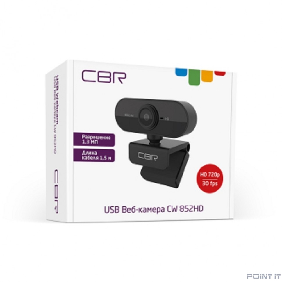 CBR CW 852HD Black, Веб-камера с матрицей 1,3 МП, разрешение видео 1280х720, USB 2.0, встроенный микрофон с шумоподавлением, фикс.фокус, крепление на мониторе, длина кабеля 1,5 м, цвет чёрный