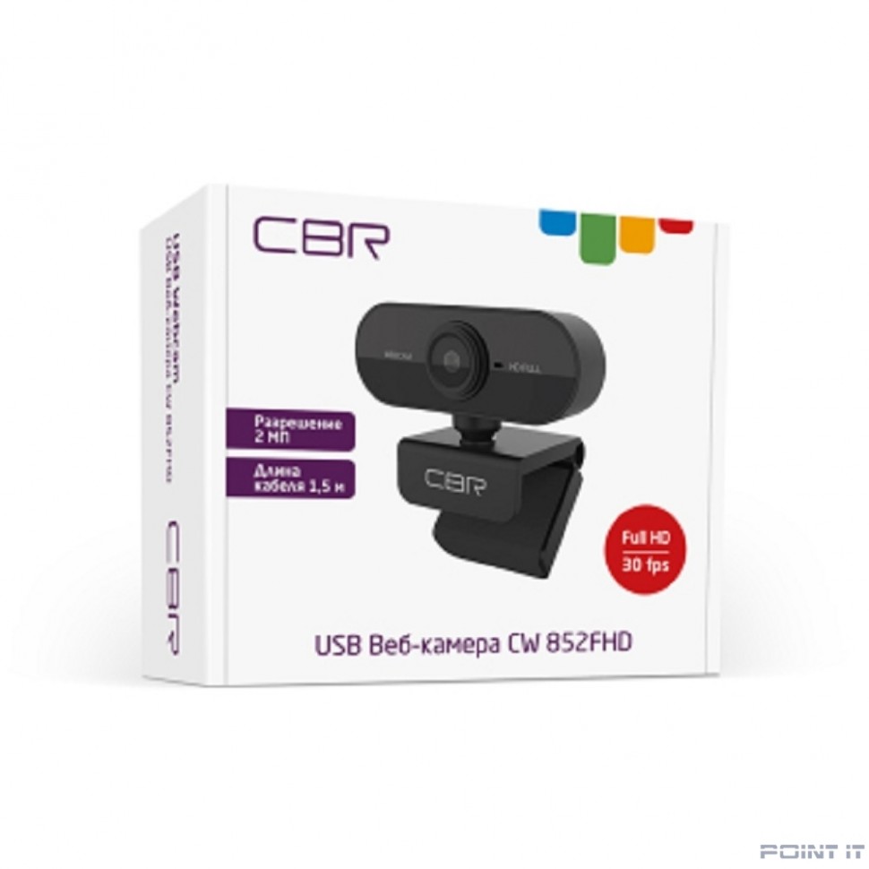 CBR CW 852FHD Black, Веб-камера с матрицей 2 МП, разрешение видео 1920х1080, USB 2.0, встроенный микрофон с шумоподавлением, фикс.фокус, крепление на мониторе, длина кабеля 1,5 м, цвет чёрный