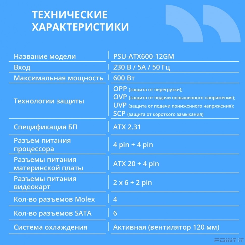 Блок питания CBR ATX 600W 80+ Bronze, DC-DC, APFC, 0.6mm, 20+4pin, 1*8-pin(4+4P), 2*6+2pin, 6*SATA, 4*IDE, 12cm fan, 1.5м кабель питания, черный [PSU-ATX600-12GM] BOX