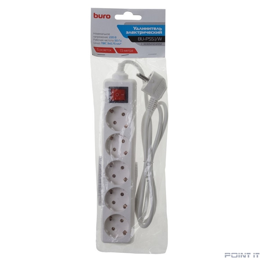 BURO Сетевой удлинитель 5 розеток, 1.5 метра (BU-PS5.1/W), белый (пакет ПЭ) {475296}