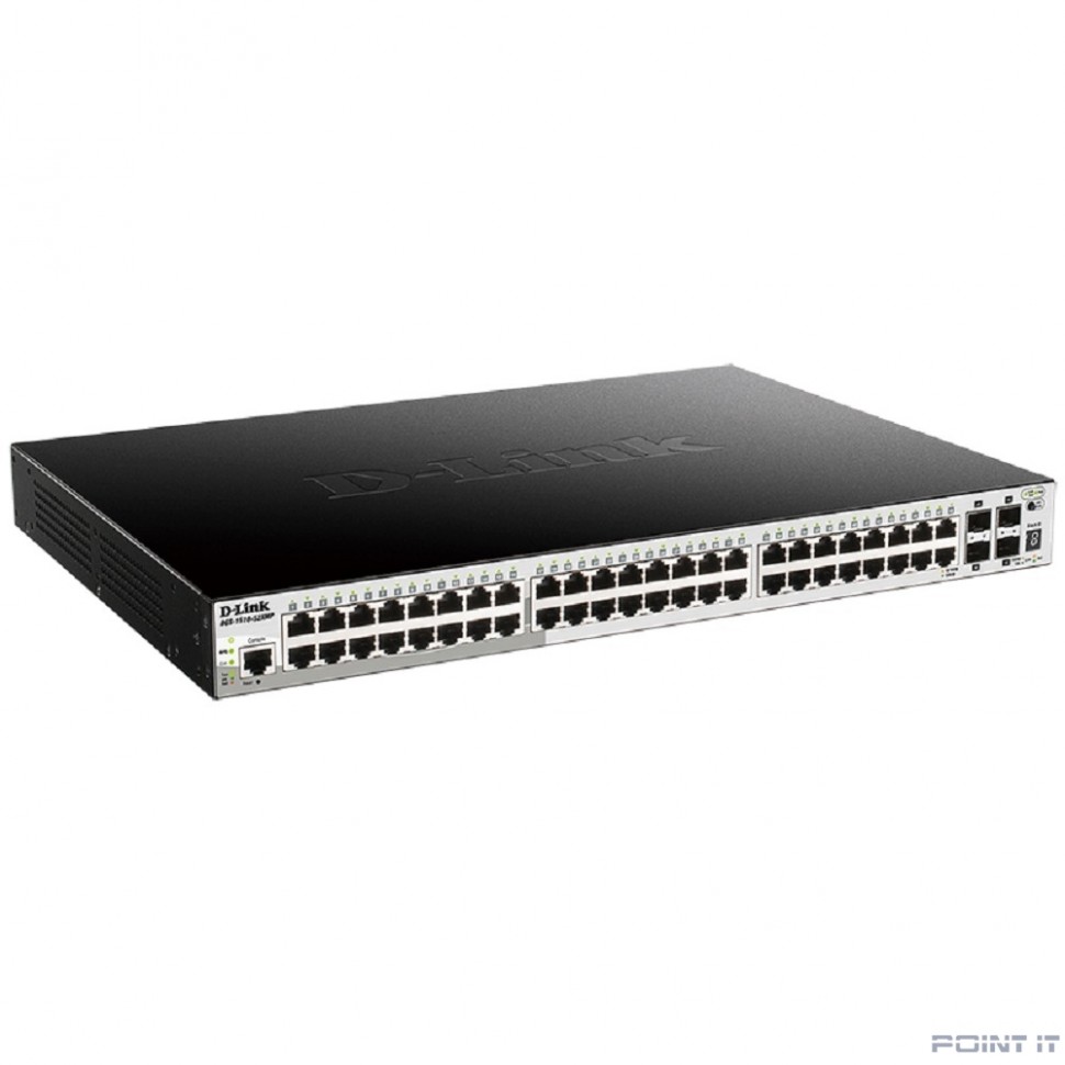 D-Link DGS-1510-52XMP/A2A PROJ Управляемый L2+ стекируемый коммутатор с 48 портами 10/100/1000Base-T и 4 портами 10GBase-X SFP+ (48 портов PoE 802.3af/at, PoE-бюджет 370 Вт; 740 Вт с DPS-700)